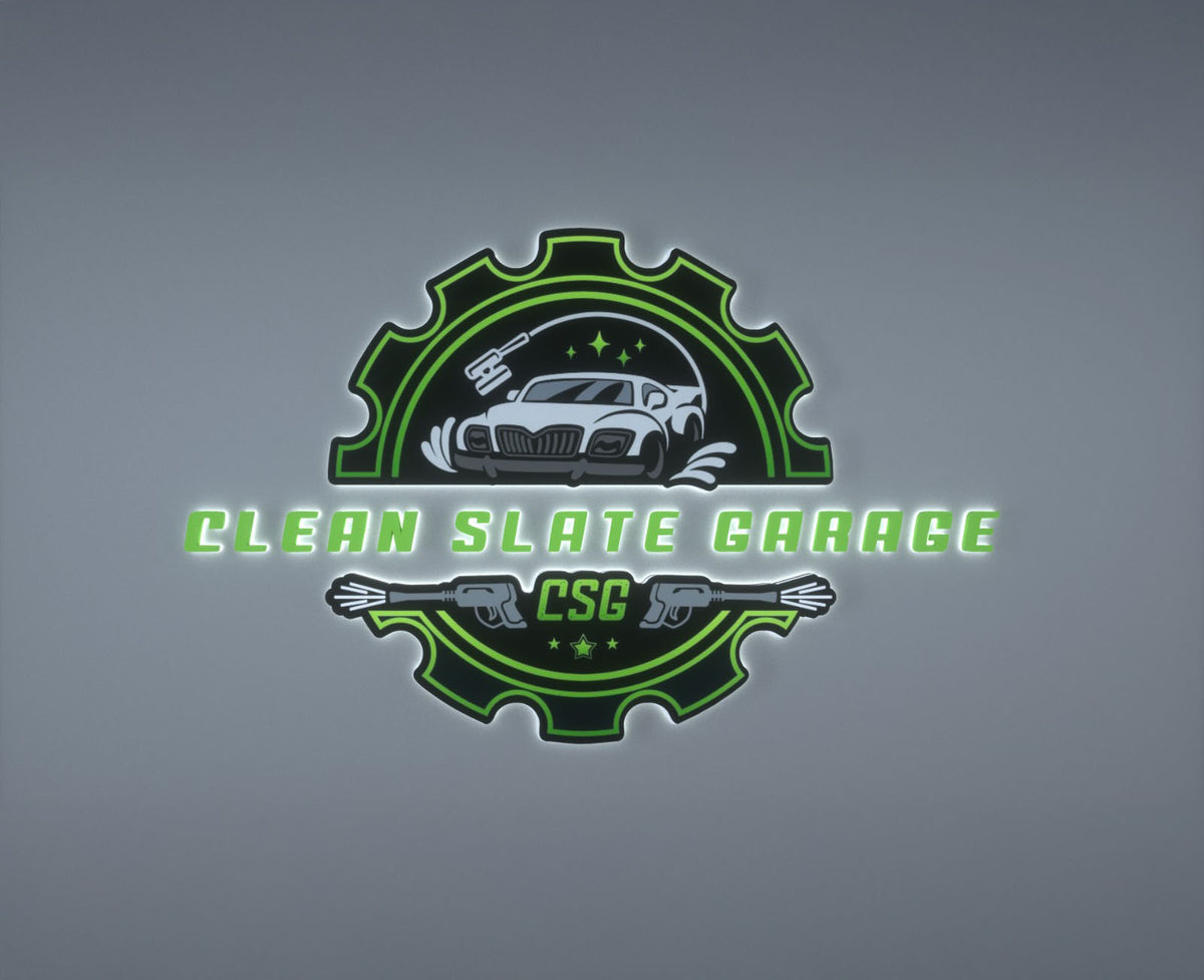 Green and black gear logo on gray wall reading 'CLEAN SLATE GARAGE' with a white car, pressure-wash guns and CSG.