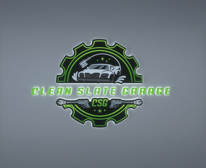 Green and black gear logo on gray wall reading 'CLEAN SLATE GARAGE' with a white car, pressure-wash guns and CSG.