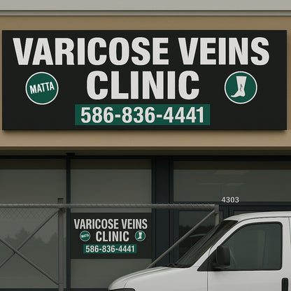 Black sign 'Varicose Veins Clinic' with green phone number 586-836-4441 above storefront windows and a white van.