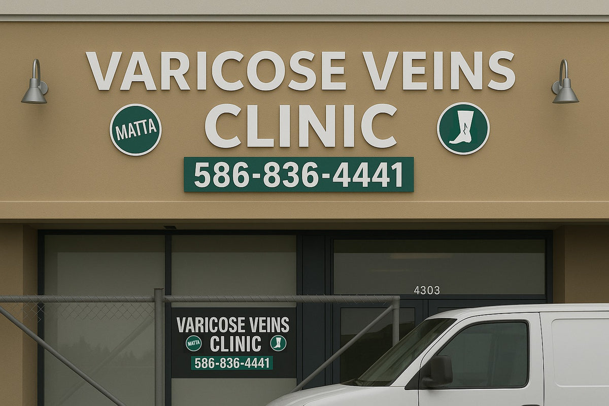 Beige storefront reads VARICOSE VEINS CLINIC with teal phone 586-836-4441, green logos, fence and white van.