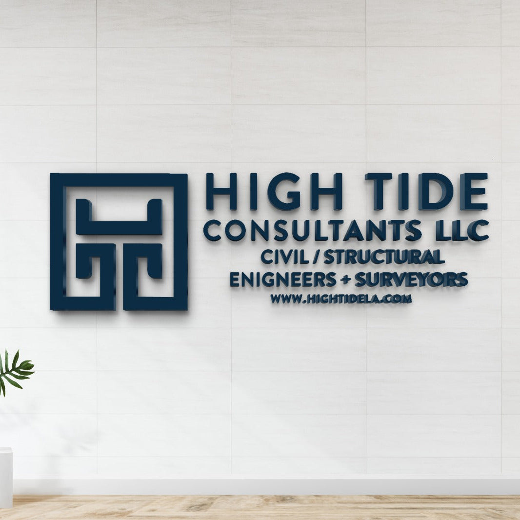A navy blue wall sign reading 'HIGH TIDE CONSULTANTS LLC' with logo and subtext about civil/structural engineers.