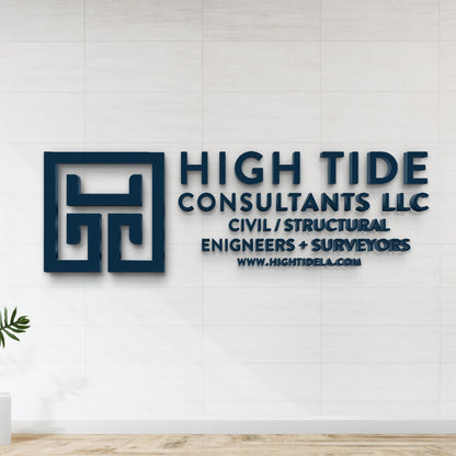 A navy blue wall sign reading 'HIGH TIDE CONSULTANTS LLC' with logo and subtext about civil/structural engineers.