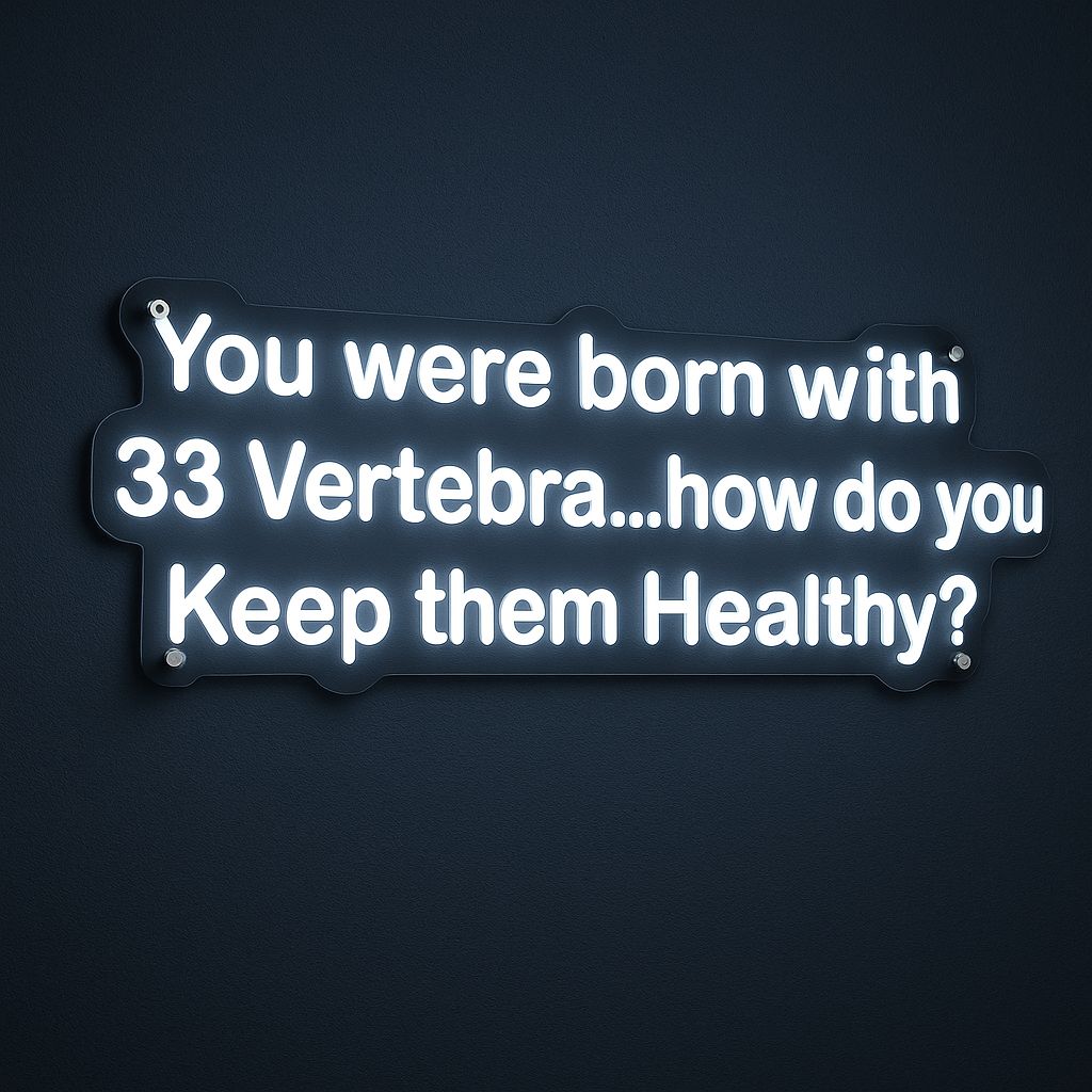 Glowing white neon wall sign on dark background reading 'You were born with 33 Vertebrahow do you Keep them Healthy?'.