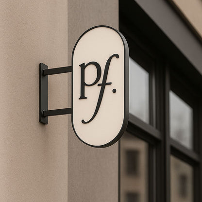 Oval cream storefront sign with black lowercase 'pf.' letters on black metal bracket mounted to beige wall.