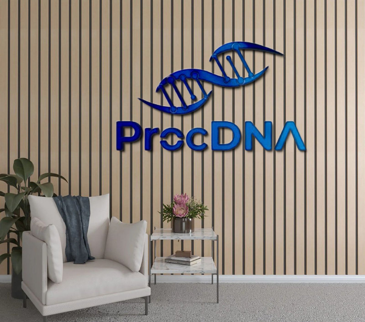 Beige vertical slat wall with blue ProcDNA double-helix logo above white armchair, marble side table and pink flower.