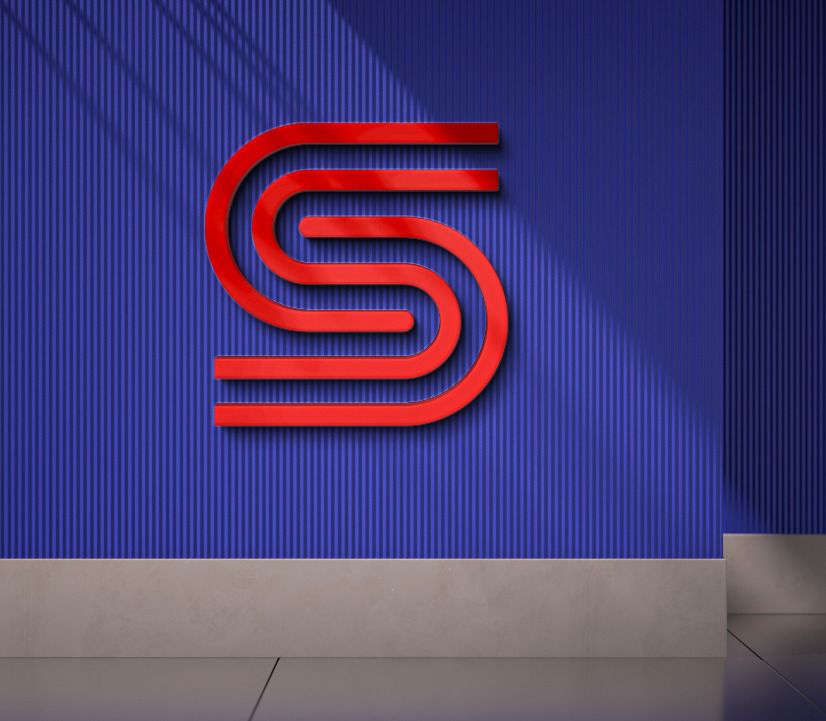 Red triple-line 'S' logo mounted on blue ribbed wall with diagonal shadow, beige baseboard and reflective floor.