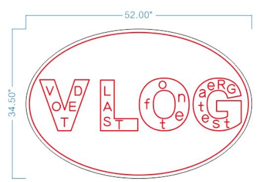 White oval with double red border containing red-outlined V L O G letters filled with small red letters; blue 52×34.5.