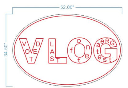 White oval with double red border containing red-outlined V L O G letters filled with small red letters; blue 52×34.5.