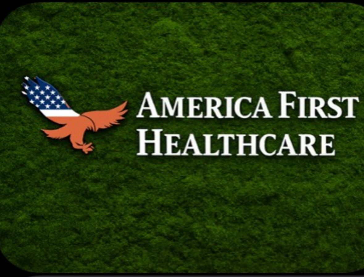 America First Healthcare logo on textured green background showing white serif text and an eagle with US-flag wing.