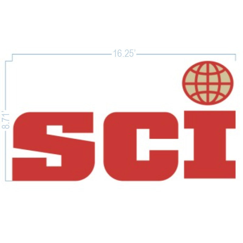 Red block letters 'SCI' with beige globe above the I and blue dimension lines labeled 16.25' and 8.71' on white.