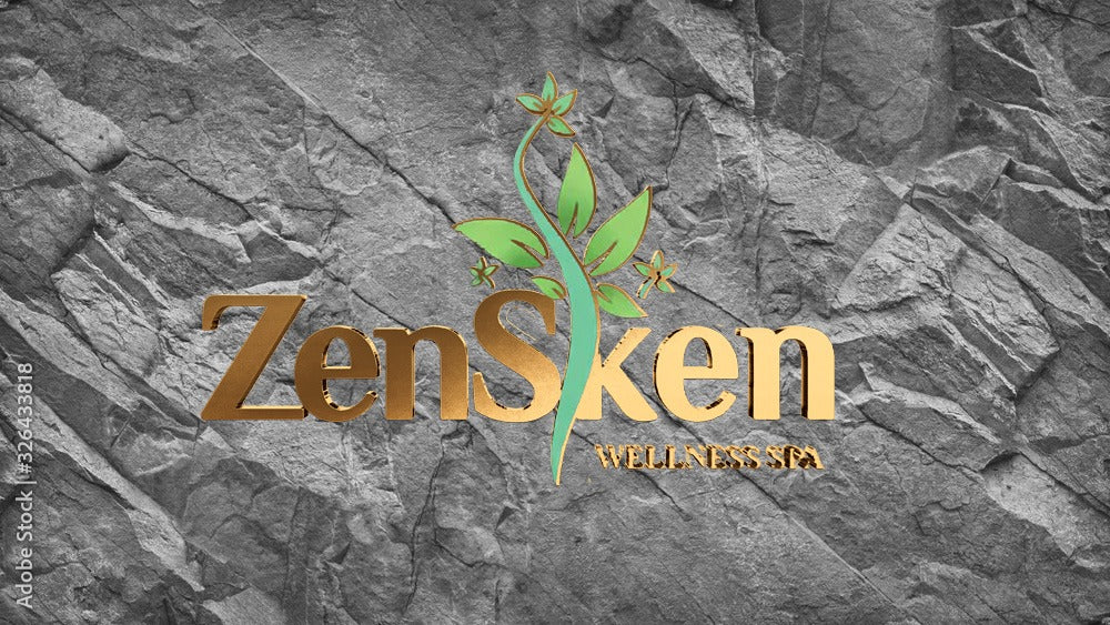 Golden 'ZenSken Wellness Spa' logo with green stylized leaf-and-flower vine on textured gray crumpled stone background.