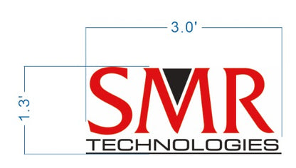 Large red SMR logo with black triangle in M above black TECHNOLOGIES; blue dimension lines indicate 3.0' x 1.3'.