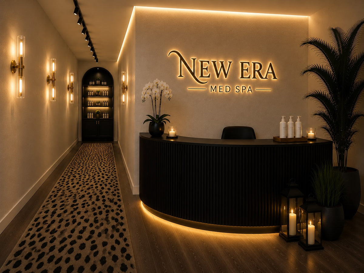 Custom 3D halo-lit brass logo sign for New Era Med Spa reception by Volt Signs, warm LED illumination, premium medical spa interior signage.