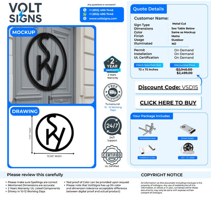 Mockup of a black circular metal cut logo sign on a gray door with drawing 72x72 inches and Volt Signs quote.