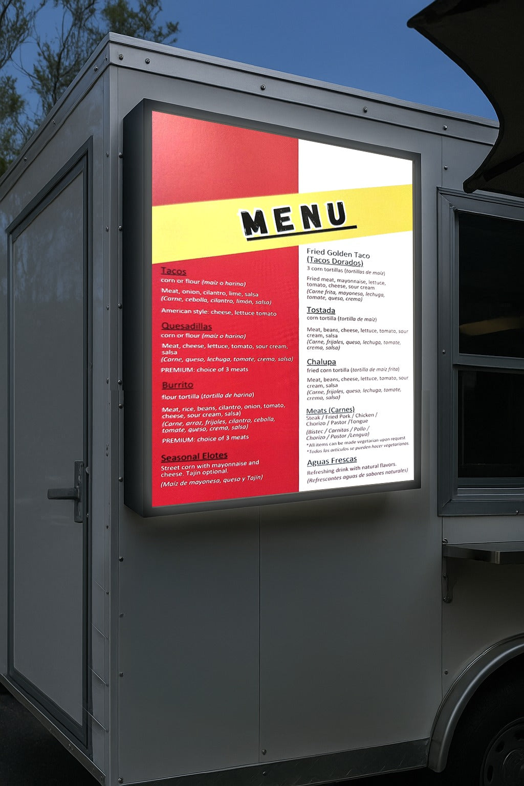 Illuminated red, yellow and white food truck menu sign reading 'MENU' with taco and burrito listings on gray truck.