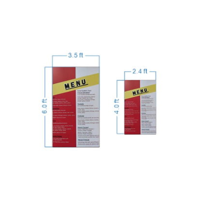 Two menu panels, red/white with a yellow diagonal banner reading 'MENU', shown in sizes 6.0×3.5 ft and 4.0×2.4 ft.