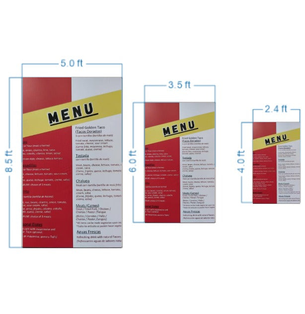 Three red and white vertical menu posters with a yellow 'MENU' stripe and blue sizes 5×8.5ft, 3.5×6ft, 2.4×4ft.