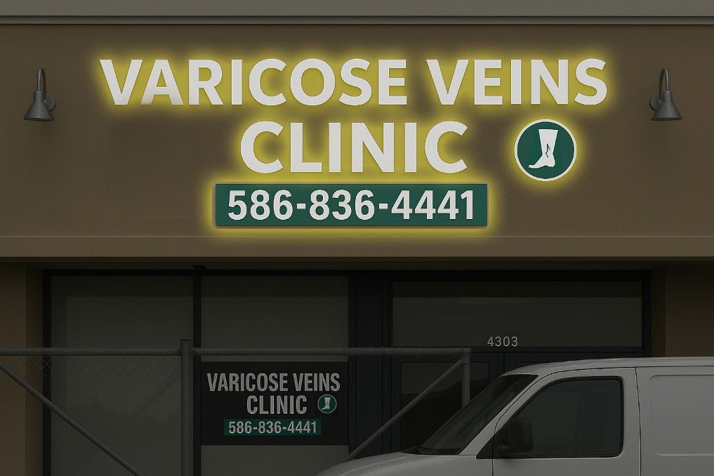 Storefront sign reading 'VARICOSE VEINS CLINIC' with green boot logo and phone number 586-836-4441 above a van.