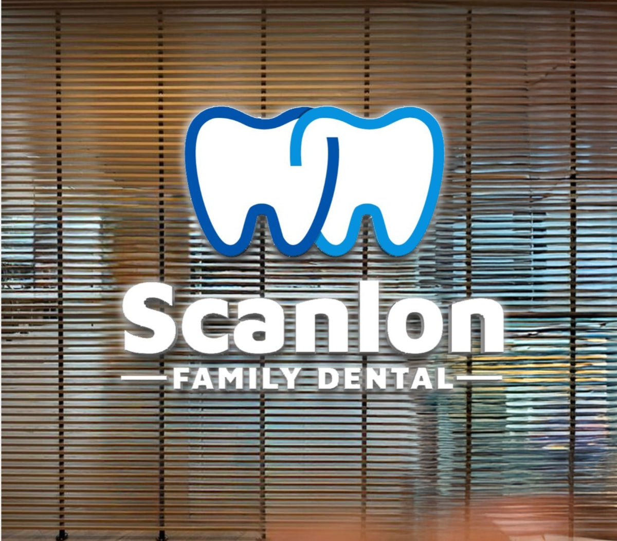 A blue-outlined twin-tooth logo is above white 'Scanlon Family Dental' text on a blinds-covered storefront window.