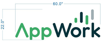 AppWork logo with green App and dark teal Work, vertical green/teal/gray bars and blue dimension lines 60.0" by 22.0".