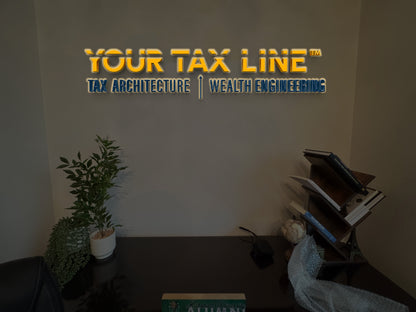 Custom Your Tax Line real installed office sign by Volt Signs with gold and blue halo backlit dimensional letters and Tax Architecture Wealth Engineering tagline.