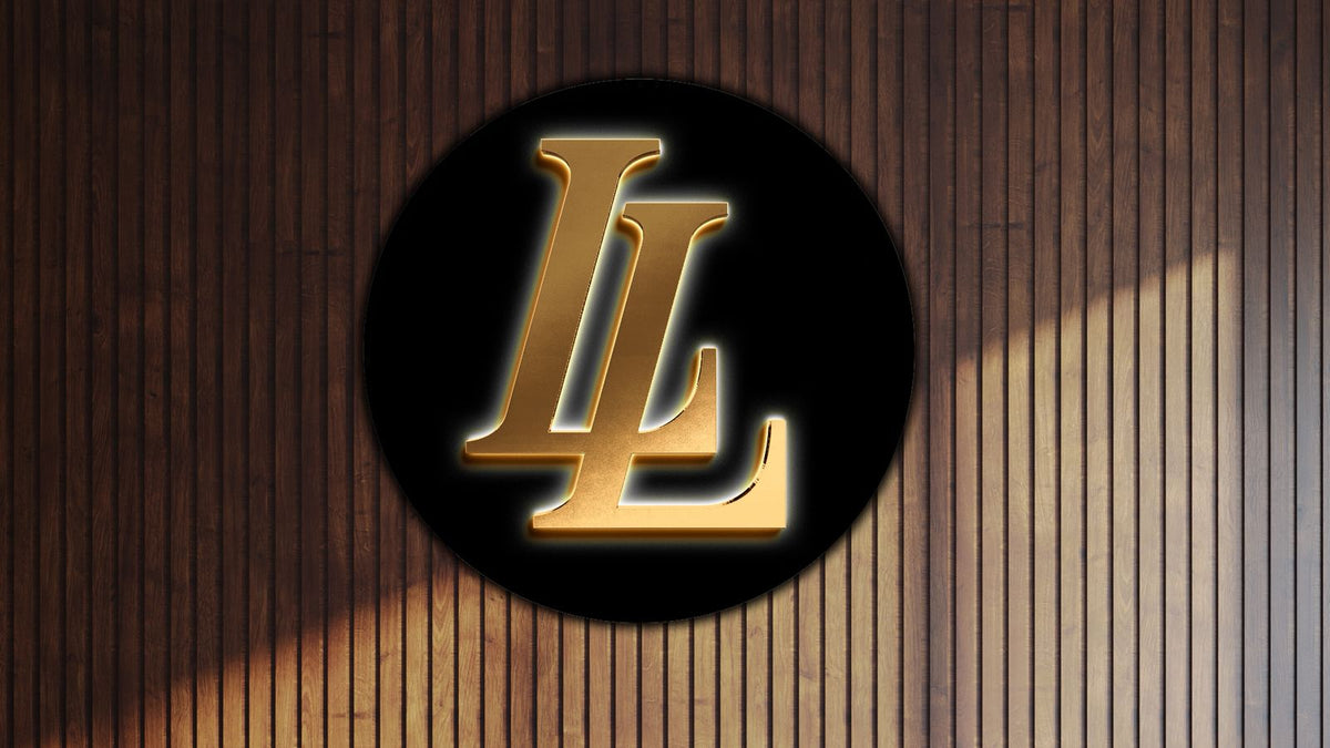 Black circular plaque with glowing gold interlocked 'LL' monogram mounted on brown vertical wood slat wall.