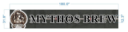 Dark textured banner with Mythos Brew logo of goddess with cup at left and glowing MYTHOS BREW text, dimension lines.