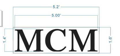 Black serif letters MCM centered in a white rectangular box with blue dimension lines labeled 5.2' 5.00' 1.4' and 1.6'.