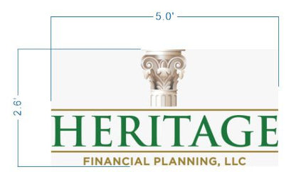 Beige Corinthian column above large green HERITAGE text, gold line and 'FINANCIAL PLANNING, LLC', blue 5.0'×2.6'.