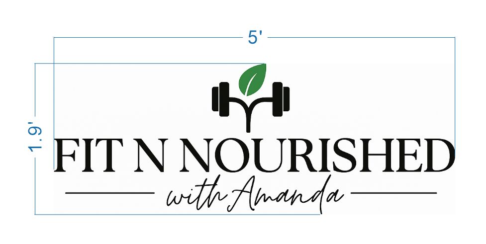 FIT N NOURISHED with Amanda logo, black serif & script, black dumbbell with green leaf, blue 5'×1.9' guides on white.