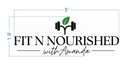 FIT N NOURISHED with Amanda logo, black serif & script, black dumbbell with green leaf, blue 5'×1.9' guides on white.
