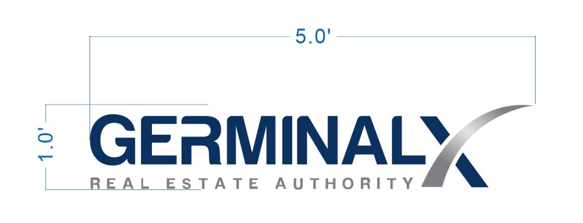 Custom GerminalX Real Estate Authority logo sign size proof by Volt Signs, 5 foot wide layout with navy wordmark and chrome X swoosh.