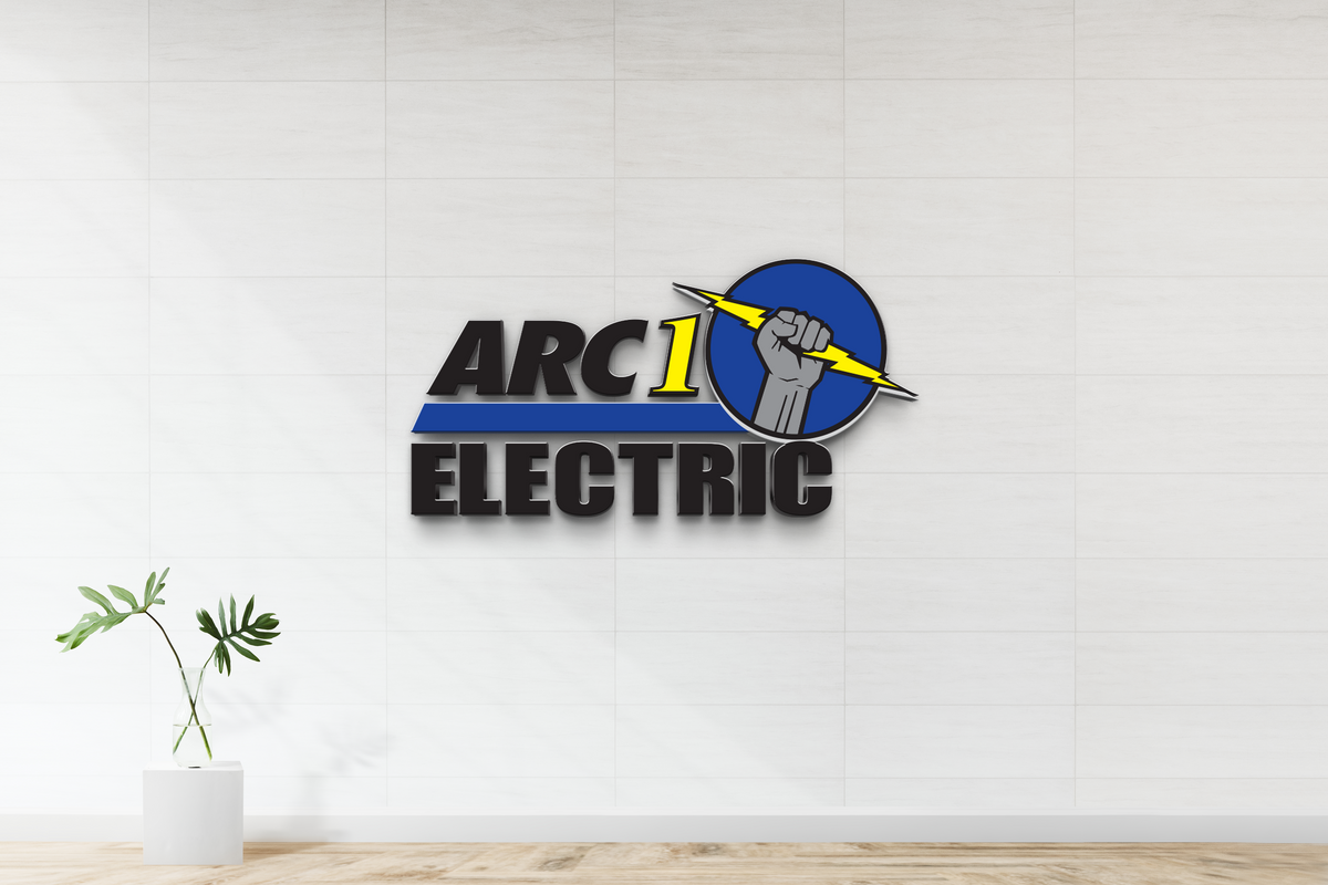 ARC1 Electric logo on tiled wall: black text, yellow '1', blue circle with fist with yellow lightning, green plant left.