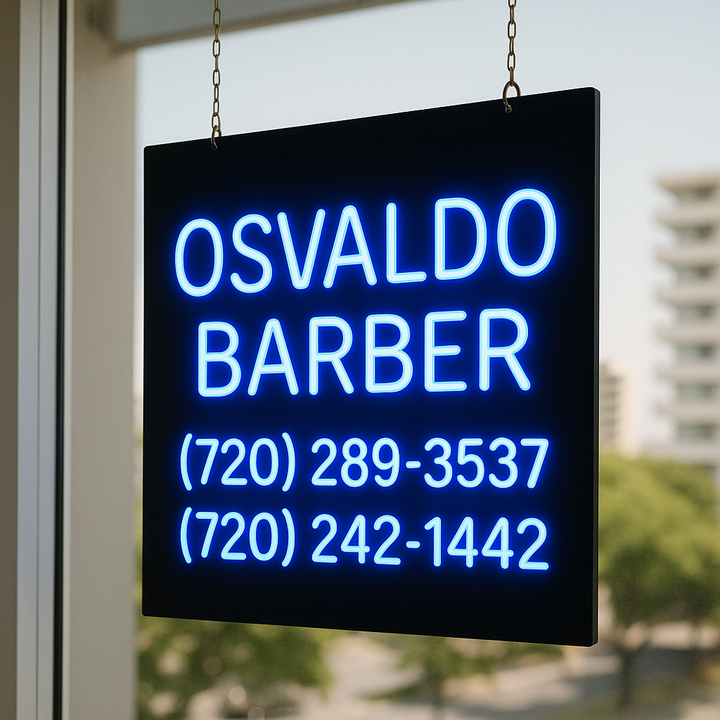 Blue neon hanging sign reading OSVALDO BARBER with phone numbers (720) 289-3537 and (720) 242-1442 on black panel.