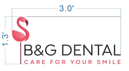 B&G DENTAL pink flamingo S icon, maroon vertical line, tagline CARE FOR YOUR SMILE, blue 3.0'×1.3'.