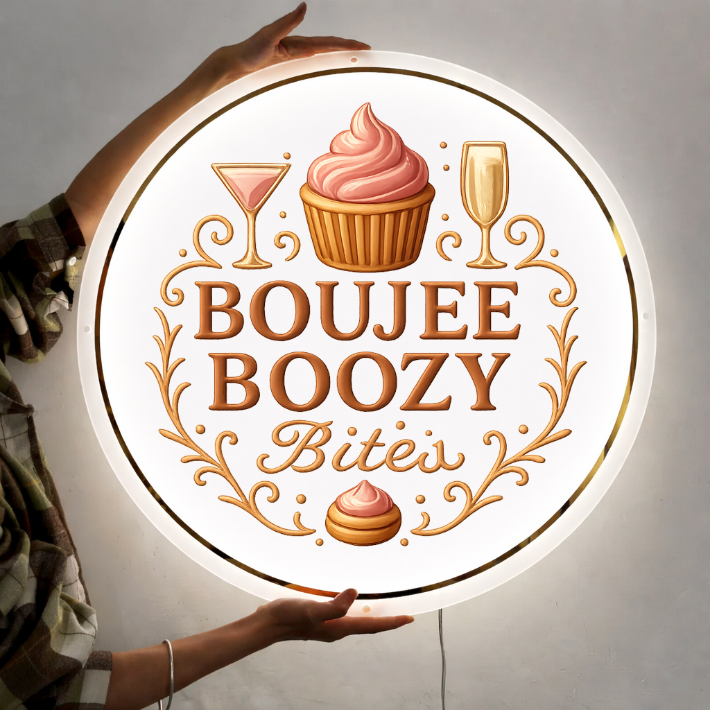 Round illuminated white sign reading 'BOUJEE BOOZY Bites' with pink-frosted cupcake, martini and champagne glass.