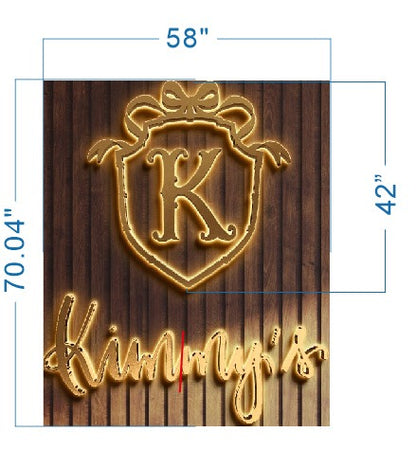 Wood plank background with gold neon shield monogram K and neon Kimmy's sign; blue dims 58 in, 70.04 in, 42 in.