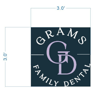 Grams Family Dental logo sign size proof, 3 foot square layout with chrome wordmark and lavender GD monogram on teal background.