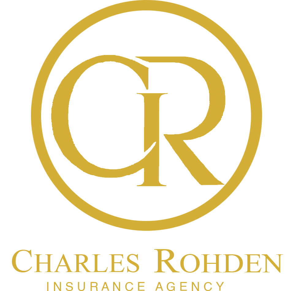 Gold circular monogram with interlocked C and R above gold 'Charles Rohden Insurance Agency' text on white background.