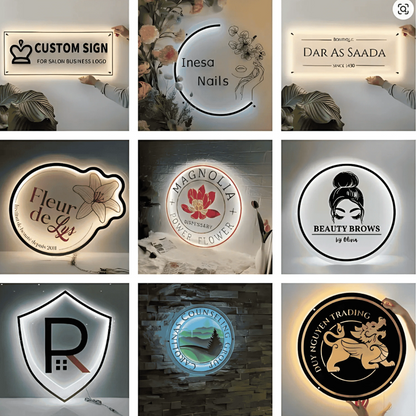 Volt Signs showcases illuminated custom sign and signage samples with salon logos, floral and round emblems