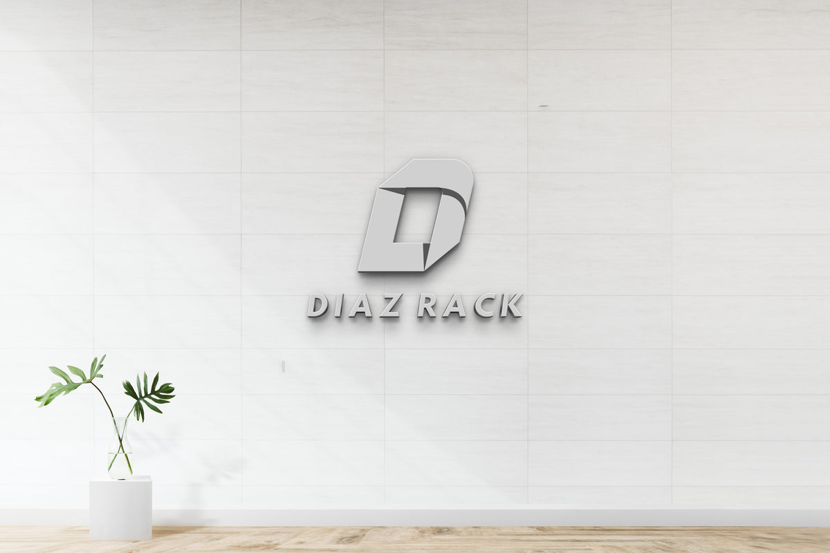 White tiled wall with silver 3D D logo and 'DIAZ RACK' text center, glass vase with green monstera leaves.
