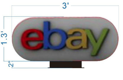 Oval white sign showing the eBay logo in red, blue, yellow and green with dimension markings 3' by 1.3' on a black base.