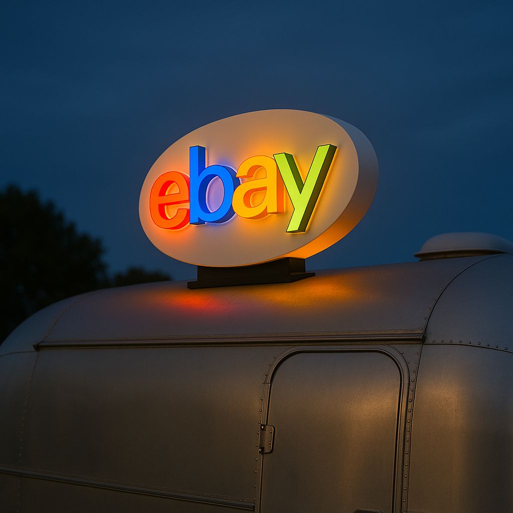 An illuminated eBay logo sign with colorful red, blue, yellow and green letters atop a silver trailer at dusk.