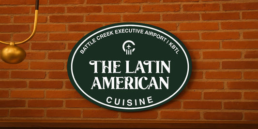 THE LATIN AMERICAN CUISINE acrylic business sign in green, main view for custom commercial branding