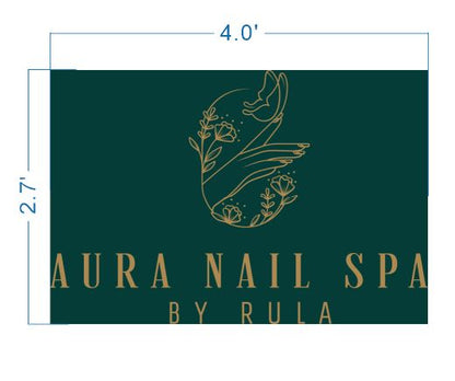 Dark teal sign 4.0'×2.7' showing gold floral hand and butterfly logo above AURA NAIL SPA and BY RULA.