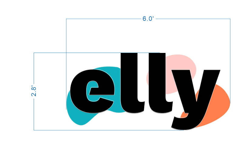 Custom elly brand logo sign size proof by Volt Signs, 6 foot wide layout with bold black lowercase letters and colorful organic shape accents.