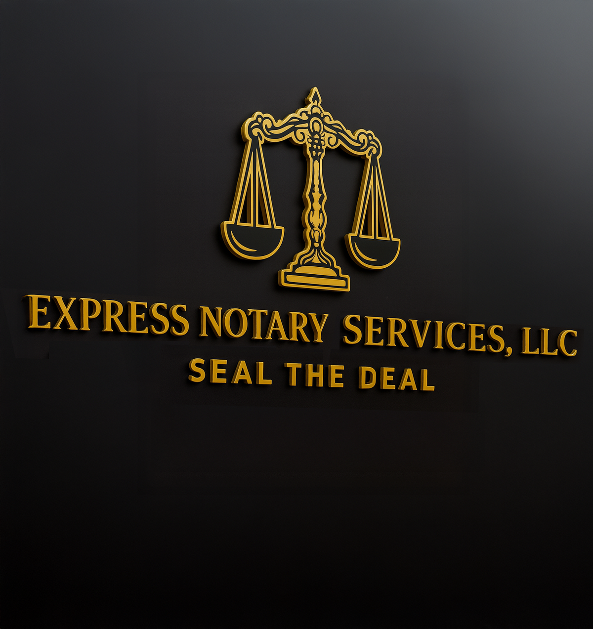 Gold scales of justice emblem above gold lettering EXPRESS NOTARY SERVICES LLC and SEAL THE DEAL on matte black.
