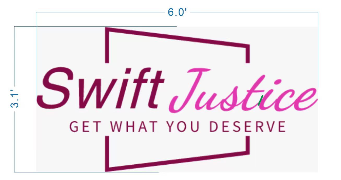Custom Swift Justice law firm logo sign size proof by Volt Signs, 6 foot wide layout with pink magenta script and rectangular frame design.