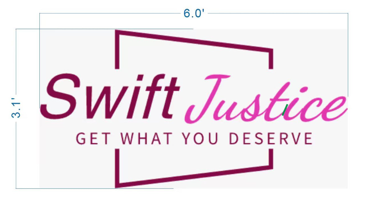 Custom Swift Justice law firm logo sign size proof by Volt Signs, 6 foot wide layout with pink magenta script and rectangular frame design.