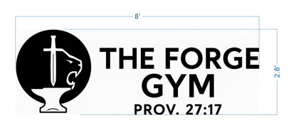 Black circle logo with white sword above anvil and lion head left of bold 'THE FORGE GYM' and 'PROV. 27:17'.
